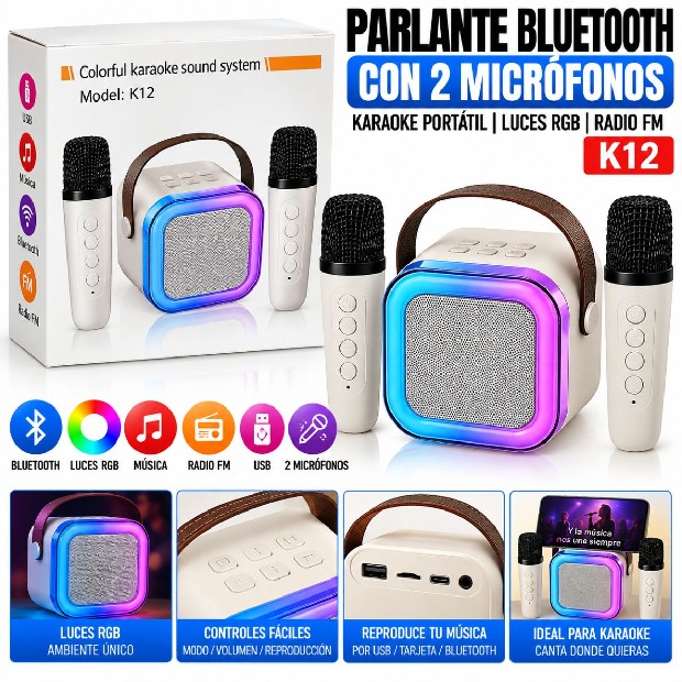 &ua PARLANTE BT + MICROFONO MEGAFONO KARAOKE DOBLE K12 ( )